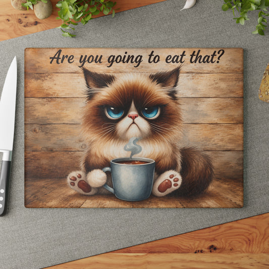 Funny Moody Kitty Glass Cutting Board – Rustic Farmhouse Cat Kitchen Décor