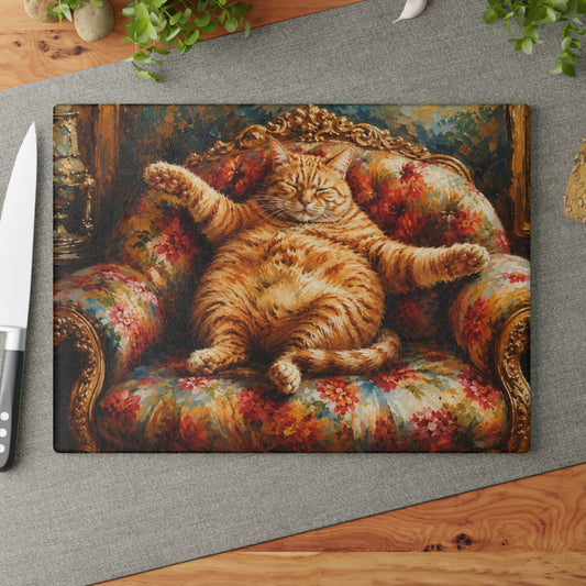 Orange Tabby Cat Lounging Glass Cutting Board – Vintage Floral Chair Cat Kitchen Decor