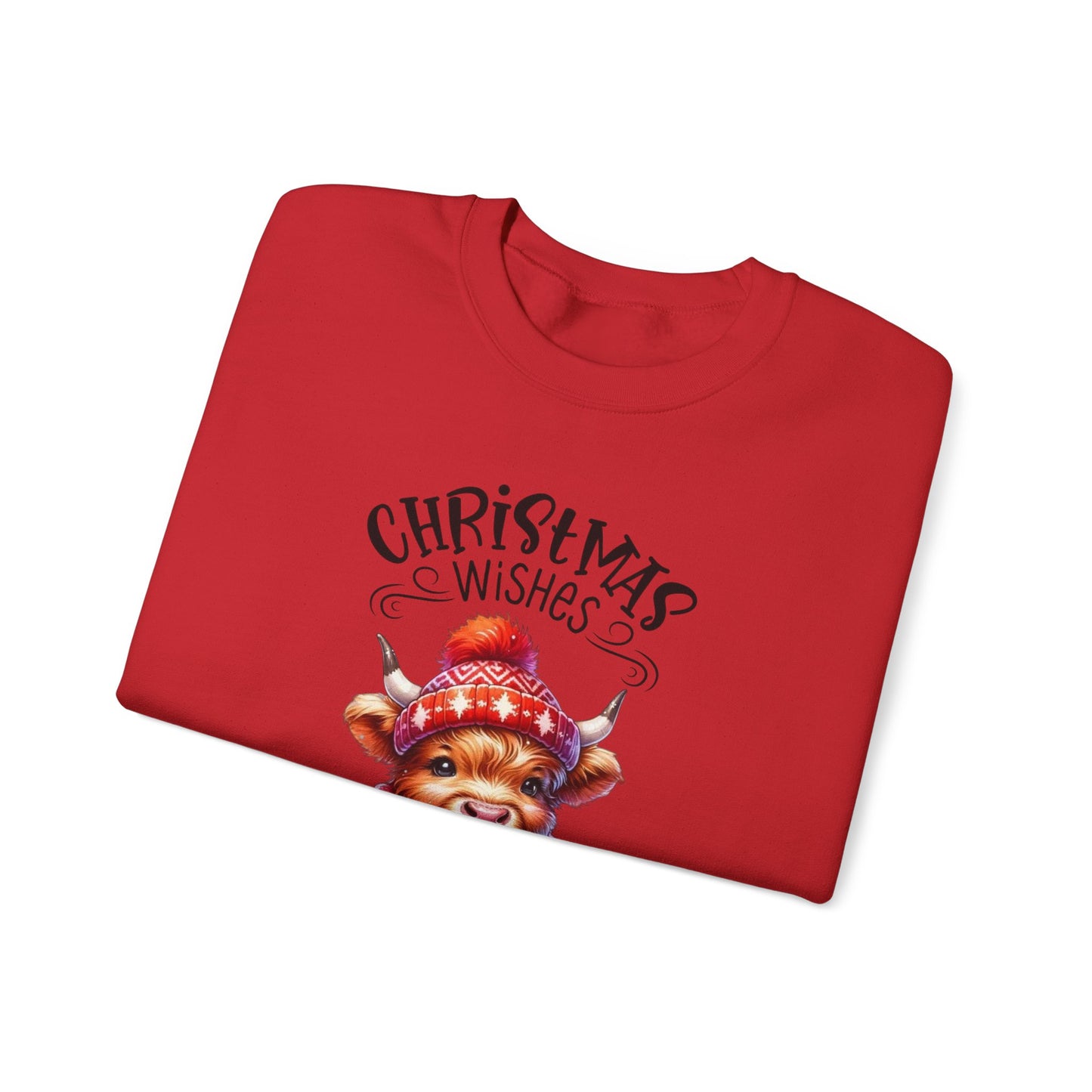 🎄☕🐮 Christmas Wishes and Cocoa Kisses Sweatshirt – Cozy Highland Cow Holiday Sweater ❄️❤️