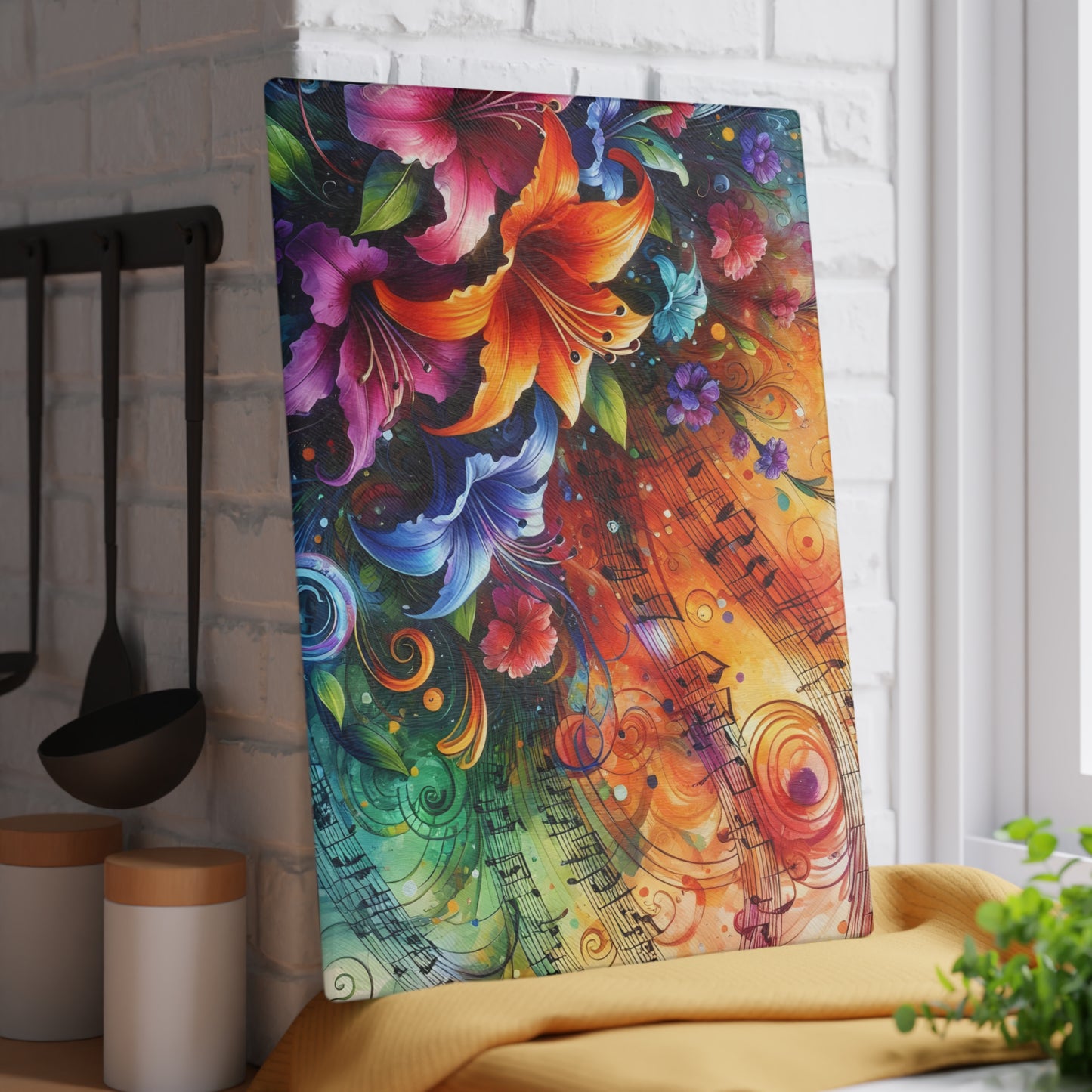 🎶🌺 Music and Flowers Cutting Board – Artistic Harmony for Your Kitchen 🌈