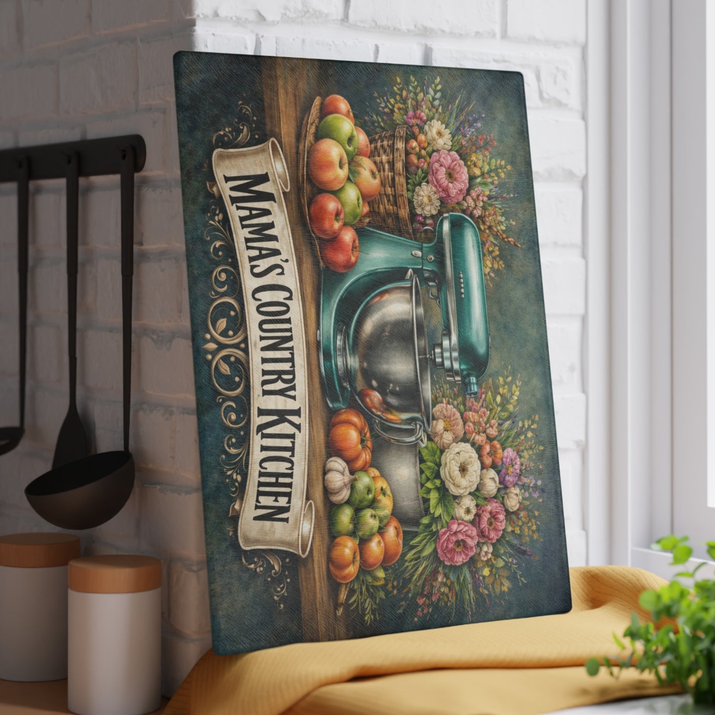 Mama’s Country Kitchen Glass Cutting Board – Farmhouse Baking Art with Vintage Mixer Charm