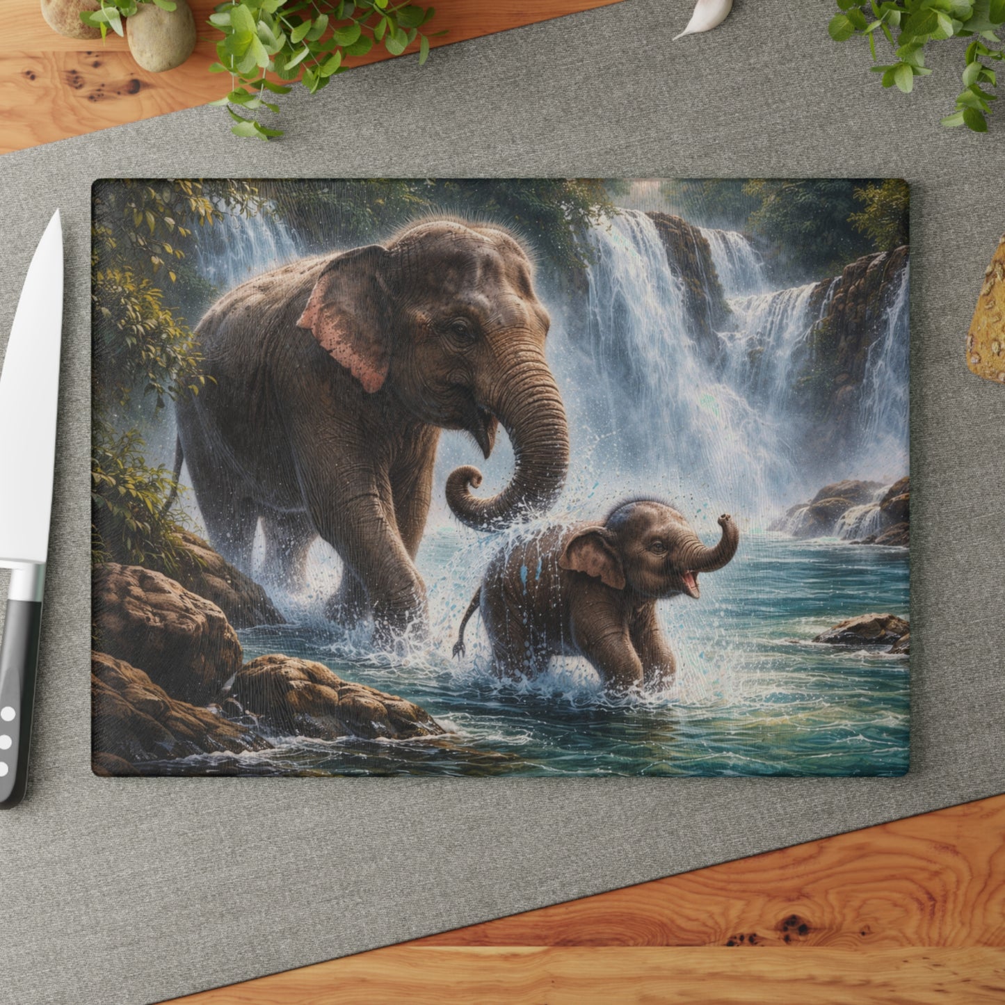 Elephant Waterfall Adventure Glass Cutting Board – Playful Wildlife Nature Kitchen Art