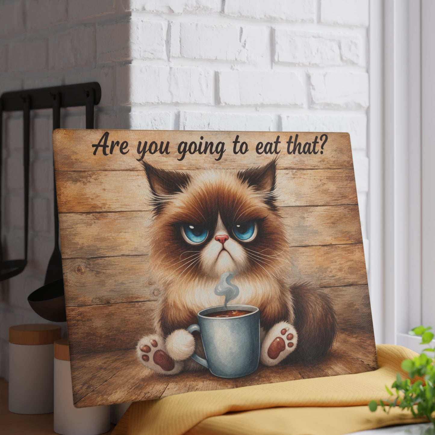 Funny Moody Kitty Glass Cutting Board – Rustic Farmhouse Cat Kitchen Décor