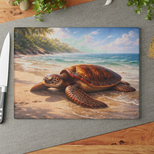Sea Turtle Tropical Beach Glass Cutting Board – Coastal Ocean Wildlife Kitchen Art