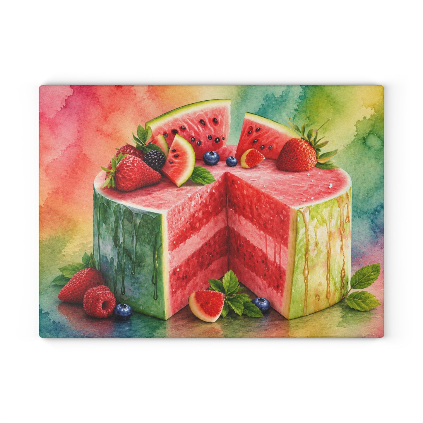 Watermelon Berry Delight Glass Cutting Board – Colorful Summer Kitchen Decor