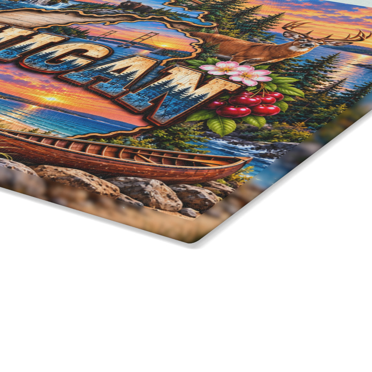 Michigan Scenic Glass Cutting Board – Great Lakes, Lighthouse, Deer, Black Bear & Michigan State Décor
