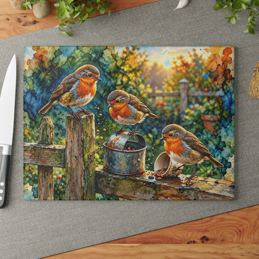 Three Adorable Robins – Watercolor Garden Birds Tempered Glass Cutting Board – Rustic Bird Kitchen Decor
