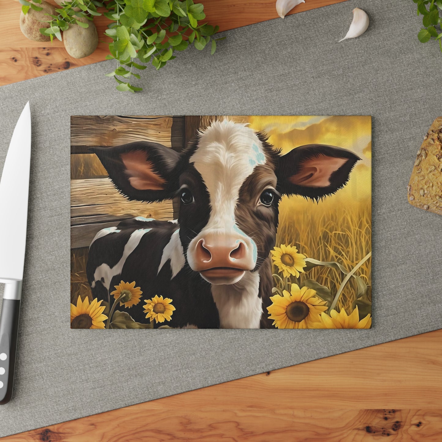 🐮🌻 Sunflower Calf Cutting Board – Rustic Farmhouse Beauty for Your Kitchen 🌾☀️