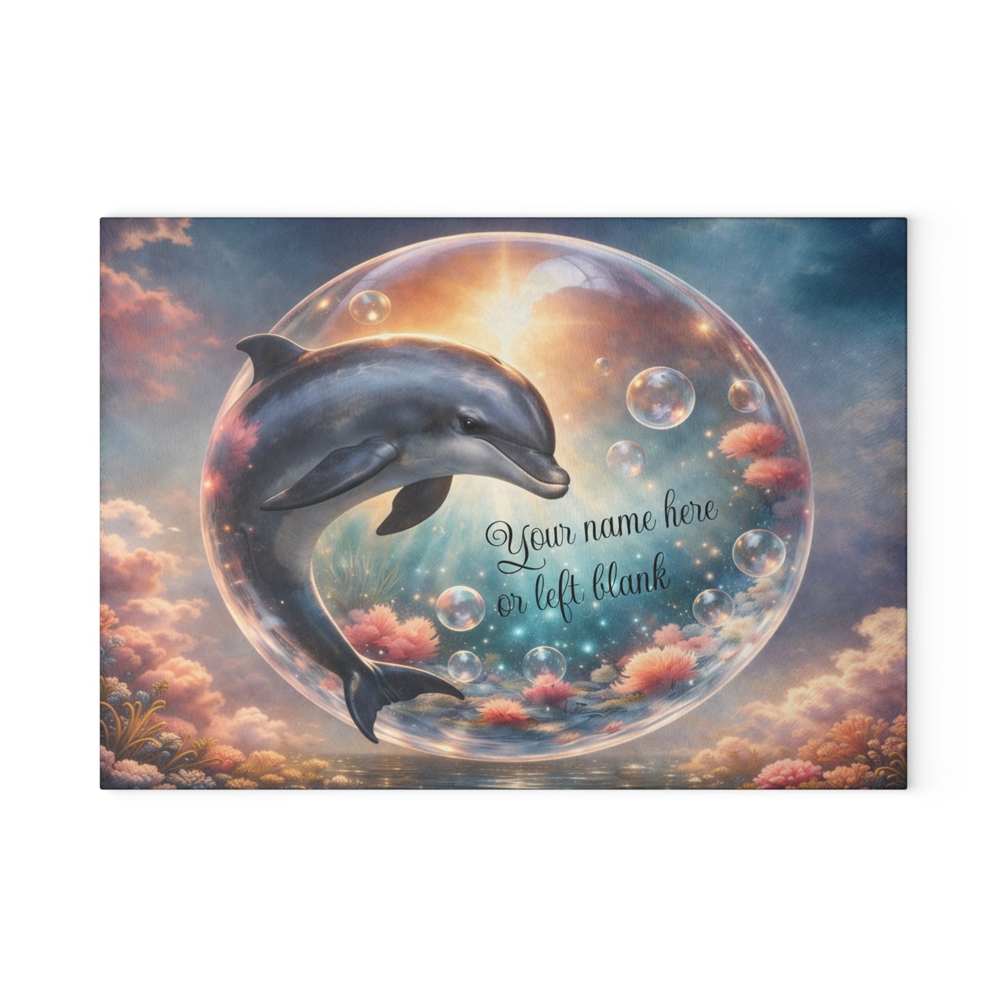 Dolphin Ocean Dream Glass Cutting Board – Personalized Coastal Kitchen Decor with Bubbles and Coral Reef Design