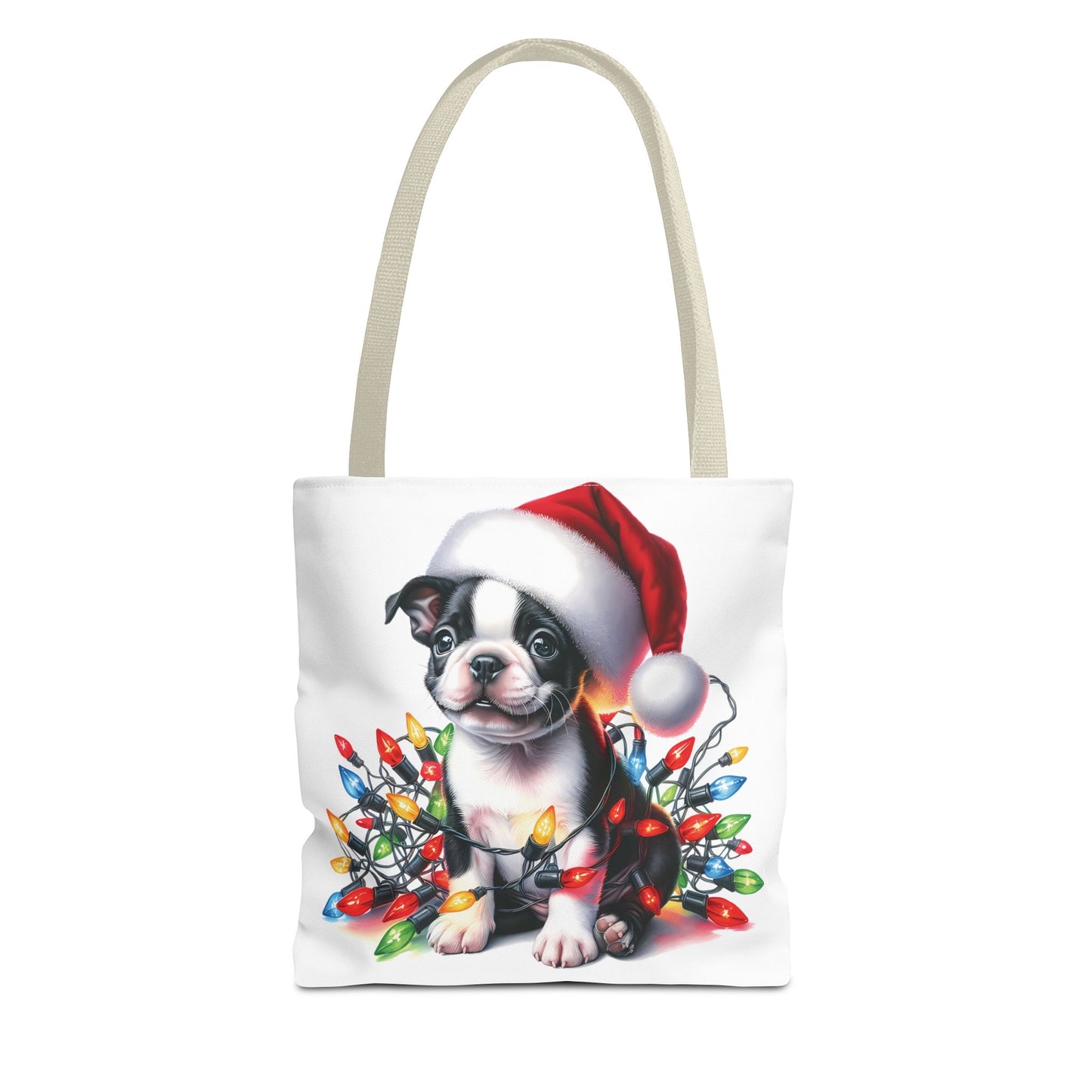 👜 Boston Terrier Christmas Lights Tote Bag – Holiday Sparkle Meets Puppy Love 🎄