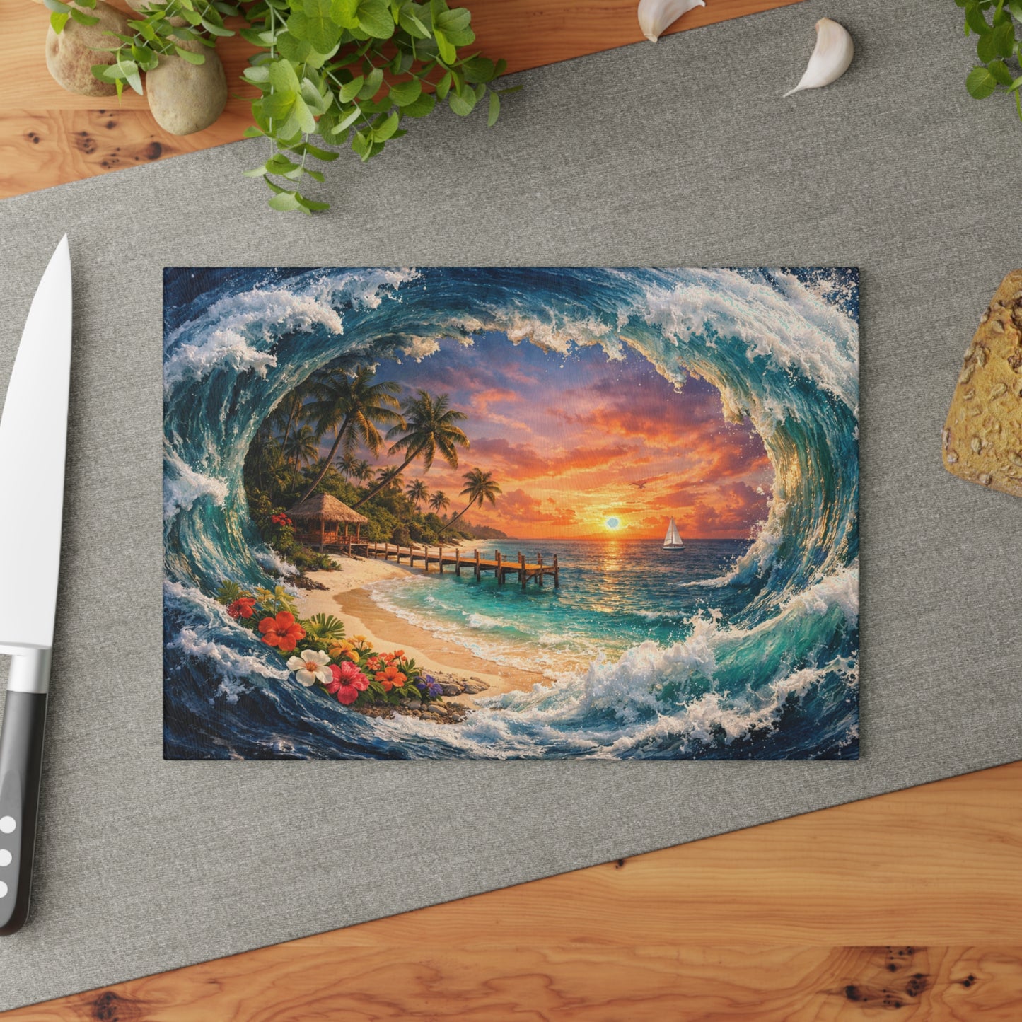 Coastal Escape Glass Cutting Board – Tropical Wave Sunset Kitchen Art & Display Board