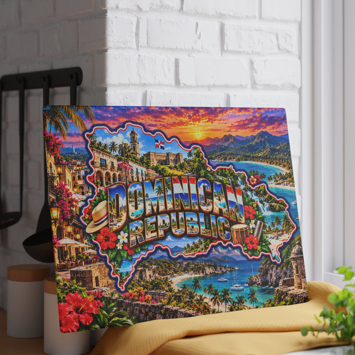 Dominican Republic Map Cutting Board – Tropical Beaches, Historic Architecture, Waterfalls, Palm Trees & Caribbean Kitchen Décor