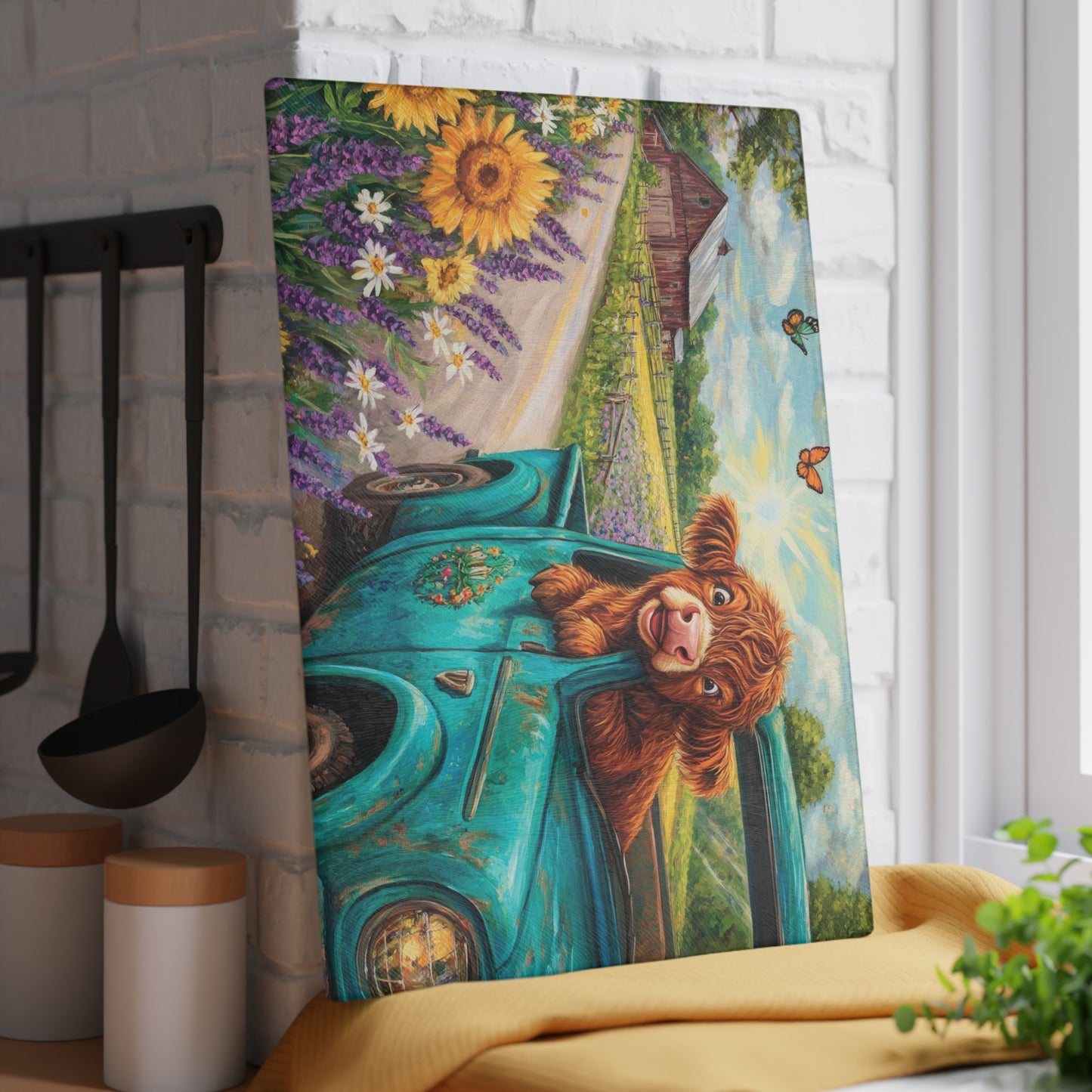 🚚🌼 Excited Baby Highland Cow in Old Truck Glass Cutting Board – Farm Road Joyride with Sunflowers & Barn 🐮🌻