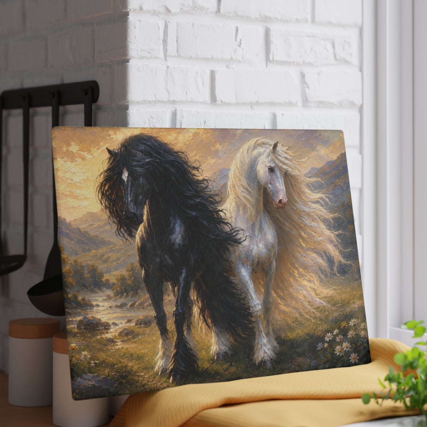 Black & White Horses Glass Cutting Board – Elegant Running Horses Artwork with Scenic Countryside