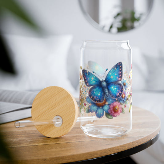 🦋🌸 Blue Butterfly Garden Sipper Glass – Whimsy and Wings in Every Sip 🌼