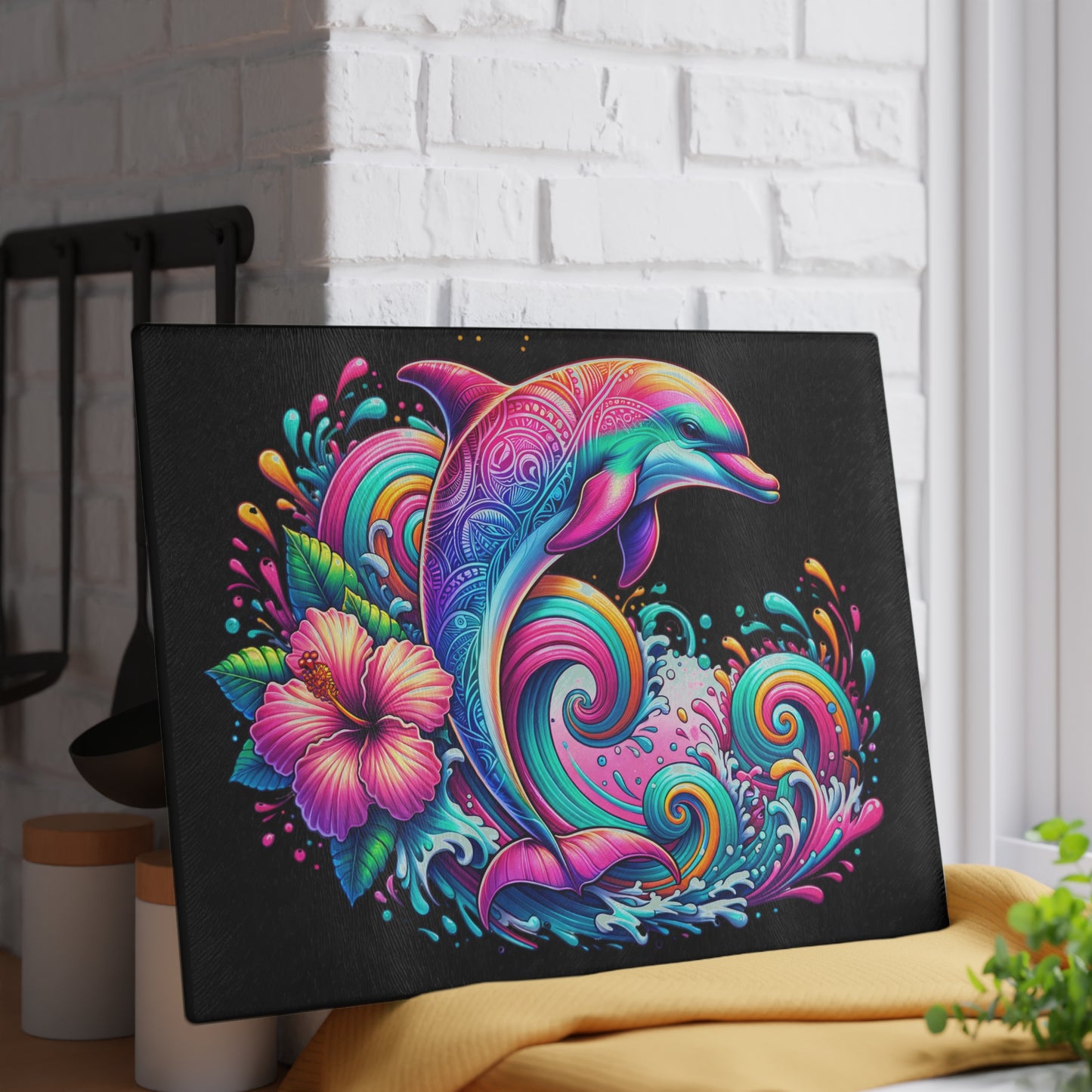 Ocean Breeze Dolphin Glass Cutting Board | Marine Life Kitchen Decor