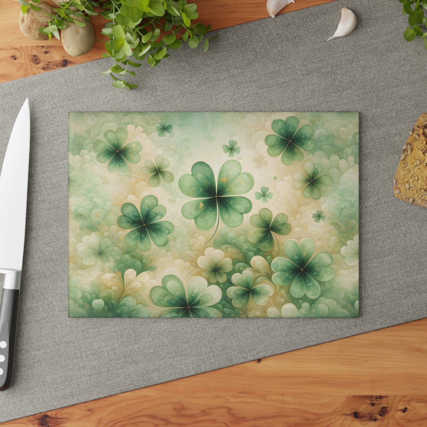 Abstract Shamrock Pattern Glass Cutting Board – St. Patrick’s Day Green Clover Kitchen Art