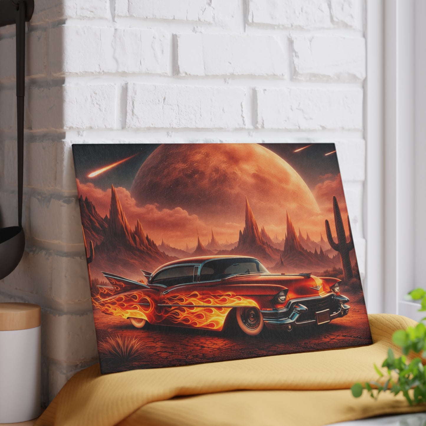 Inferno Desert Drive Glass Cutting Board – Flaming Classic Car Under Cosmic Desert Moon