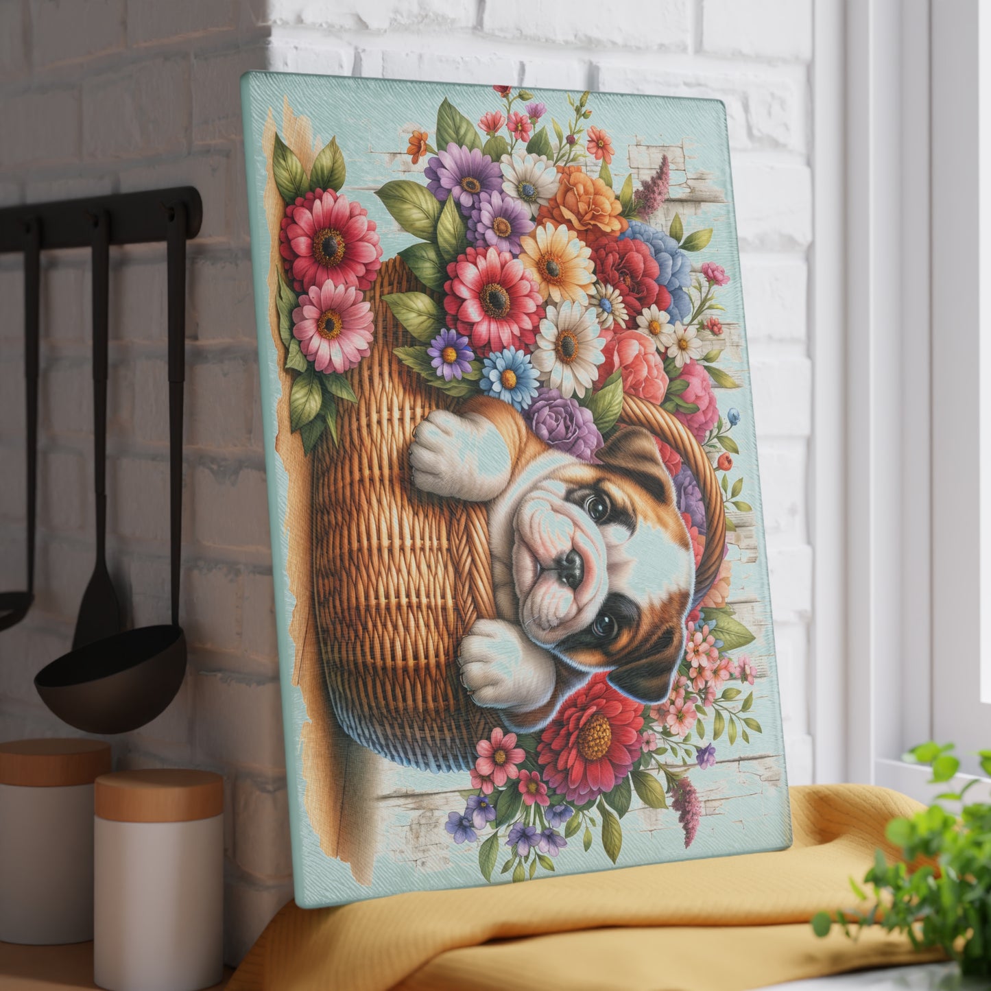 🐾 English Bulldog in Bloom Basket Cutting Board – Rustic Elegance for Your Kitchen 🌺