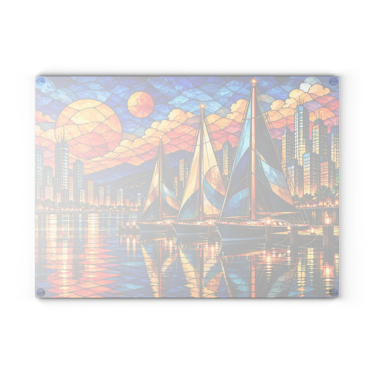 Stained-Glass-Inspired Sailboat Sunset Cutting Board – Colorful City Skyline, Glowing Marina, Golden Sunset & Nautical Kitchen Décor
