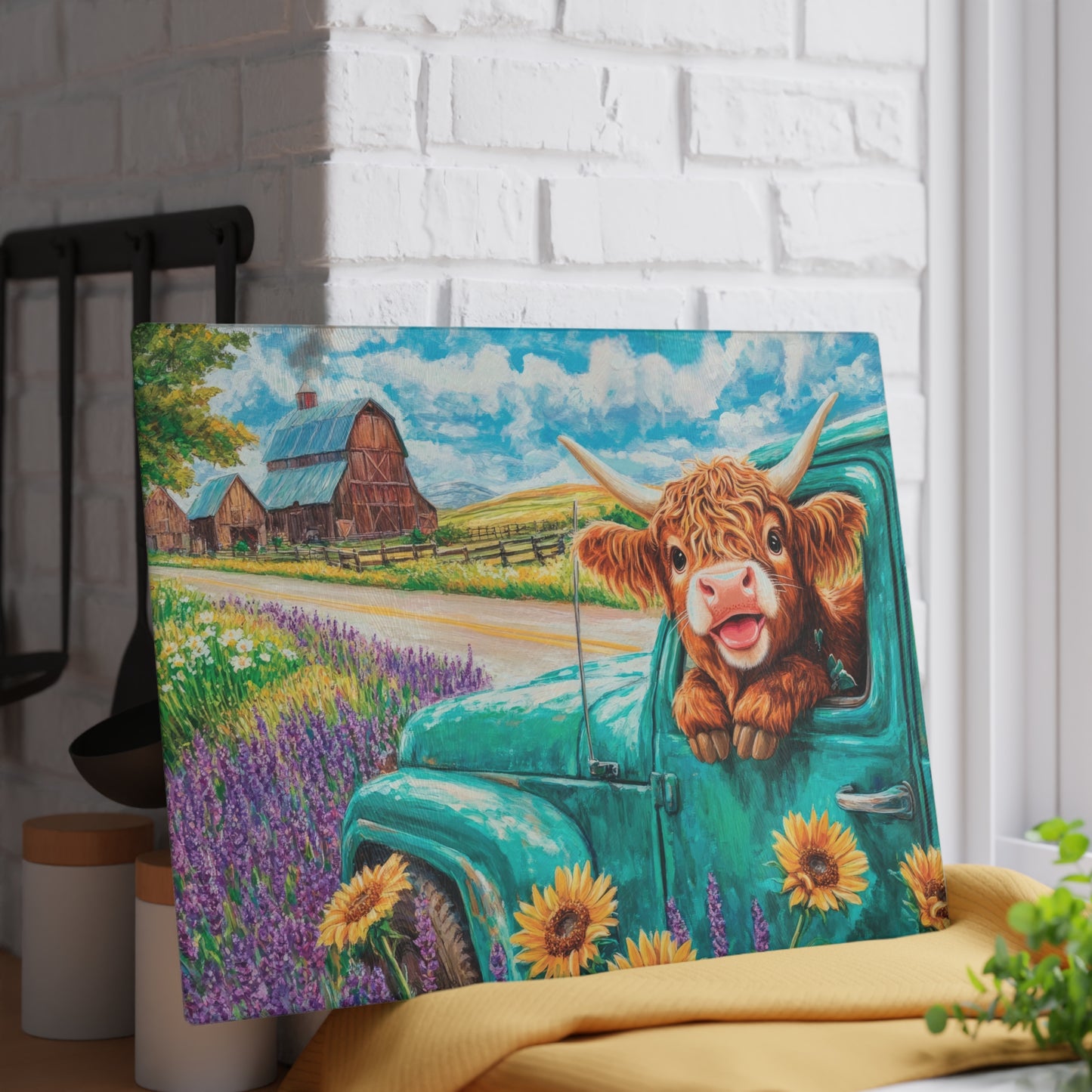 🚜🌻 Baby Highland Cow in Old Truck Glass Cutting Board – Rustic Farm Charm with Sunflowers & Barn 🌼