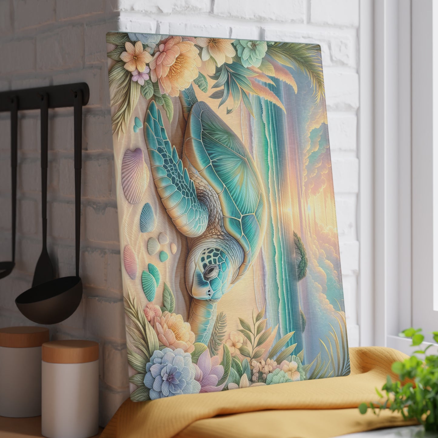Peaceful Ocean Escape Sea Turtle Glass Cutting Board – Floral Beach Serenity Artwork