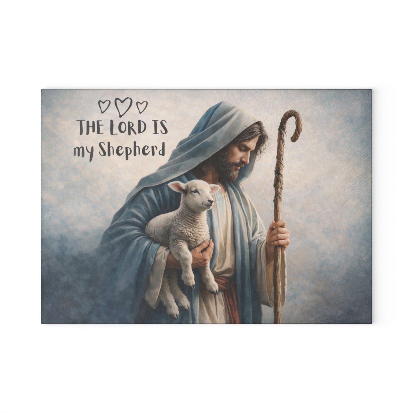 The Lord Is My Shepherd Glass Cutting Board – Faith-Inspired Lamb & Shepherd Artwork