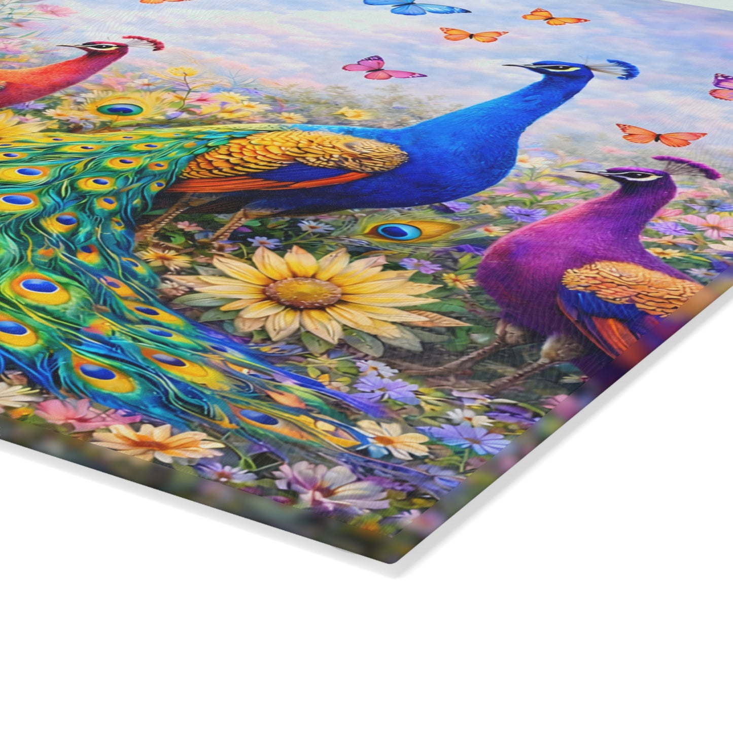 Peacock Glass Cutting Board – Elegant Nature-Inspired Kitchen Accent