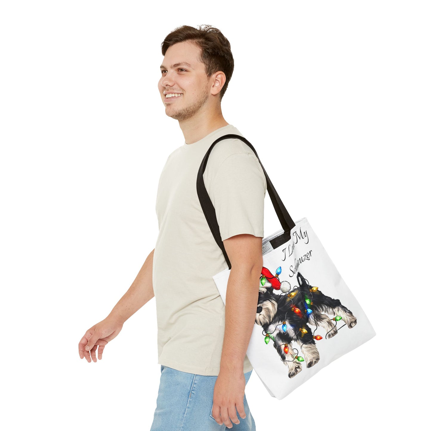 🎄 I Love My Schnauzer Tote Bag – Christmas Lights & Holiday Woofs 🐾