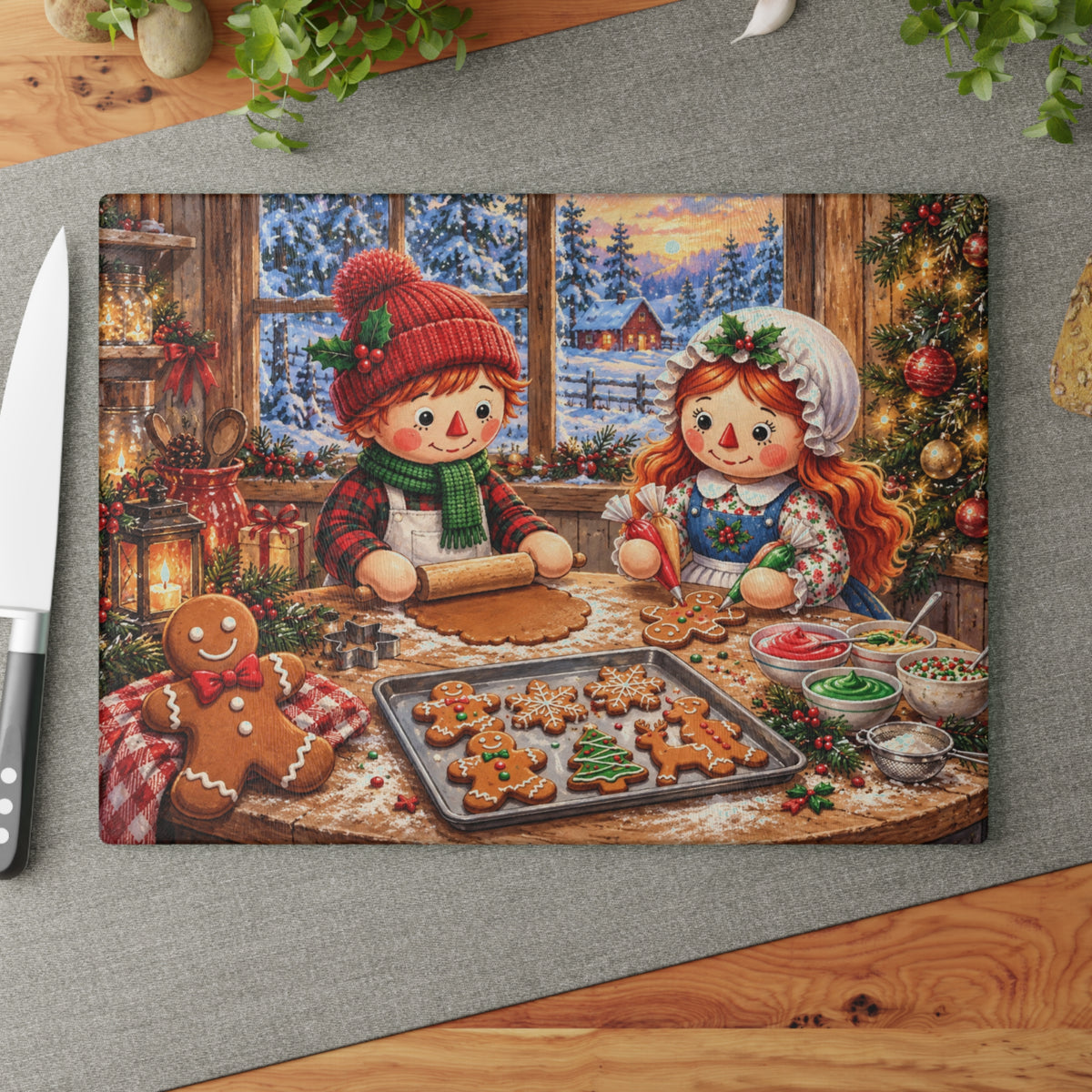 Christmas Gingerbread Boy and Girl Baking Tempered Glass Cutting Board – Cozy Farmhouse Holiday Kitchen Art – 11 × 15 Inches