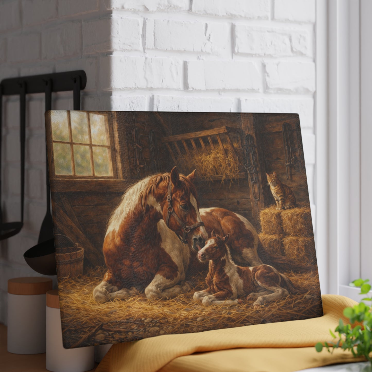 Mother Horse and Foal Barn Scene Glass Cutting Board – Rustic Farmhouse Kitchen Decor with Country Stable Artwork
