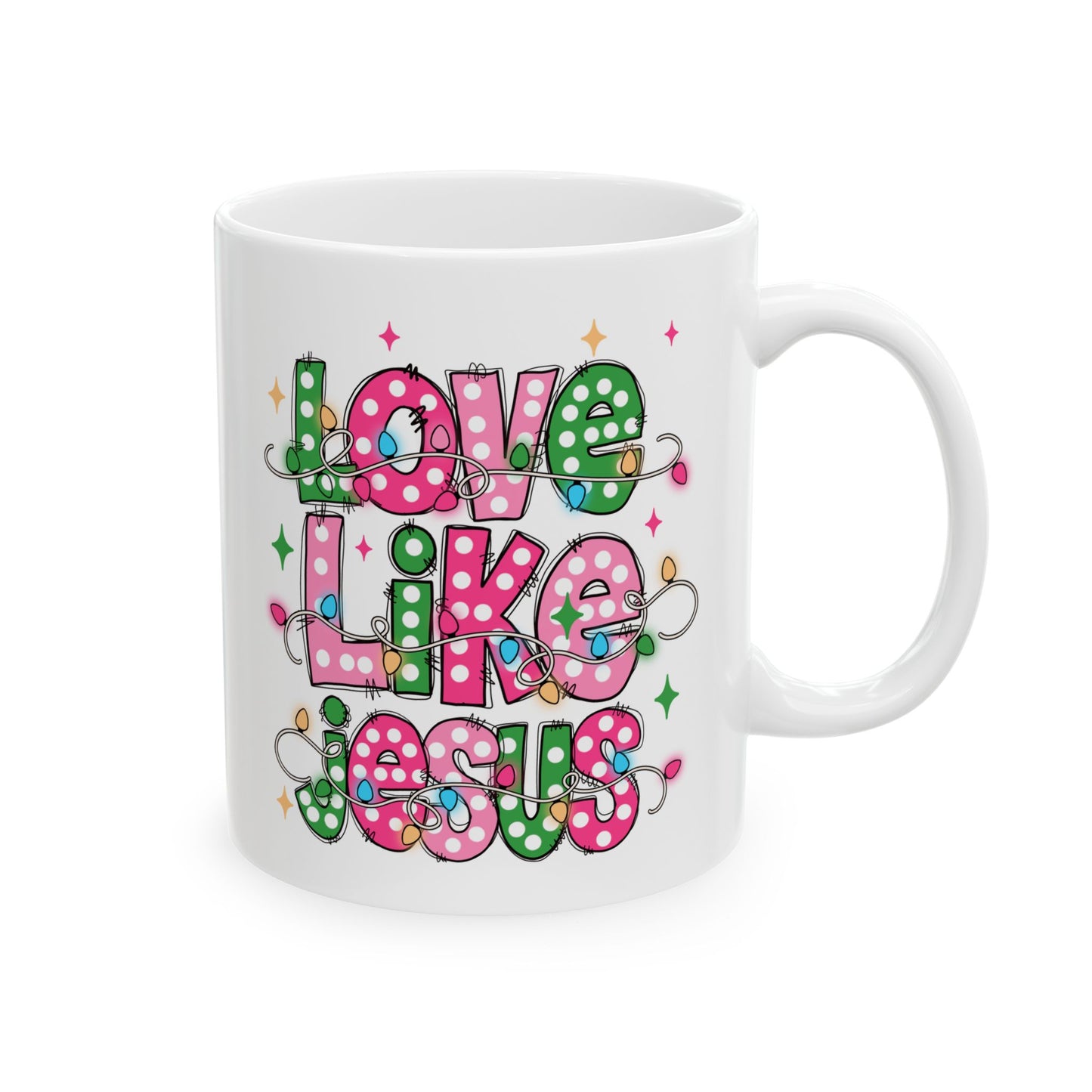 ☕ Love Like Jesus Coffee Mug – Holiday Lights & Faith-Filled Cheer 💖🎄