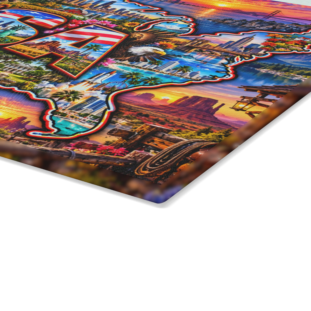 USA Map Cutting Board – Colorful American Landmarks, Patriotic Flag, National Parks & Scenic United States Kitchen Décor