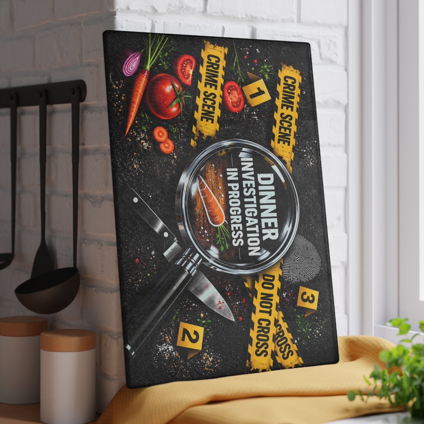 Dinner Investigation in Progress Glass Cutting Board – Funny Crime Scene Kitchen Decor
