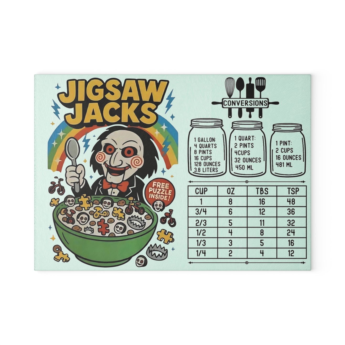 🧩 “Jigsaw Jacks” Horror Cereal Cutting Board – Twisted Fun at Every Meal! 🥄