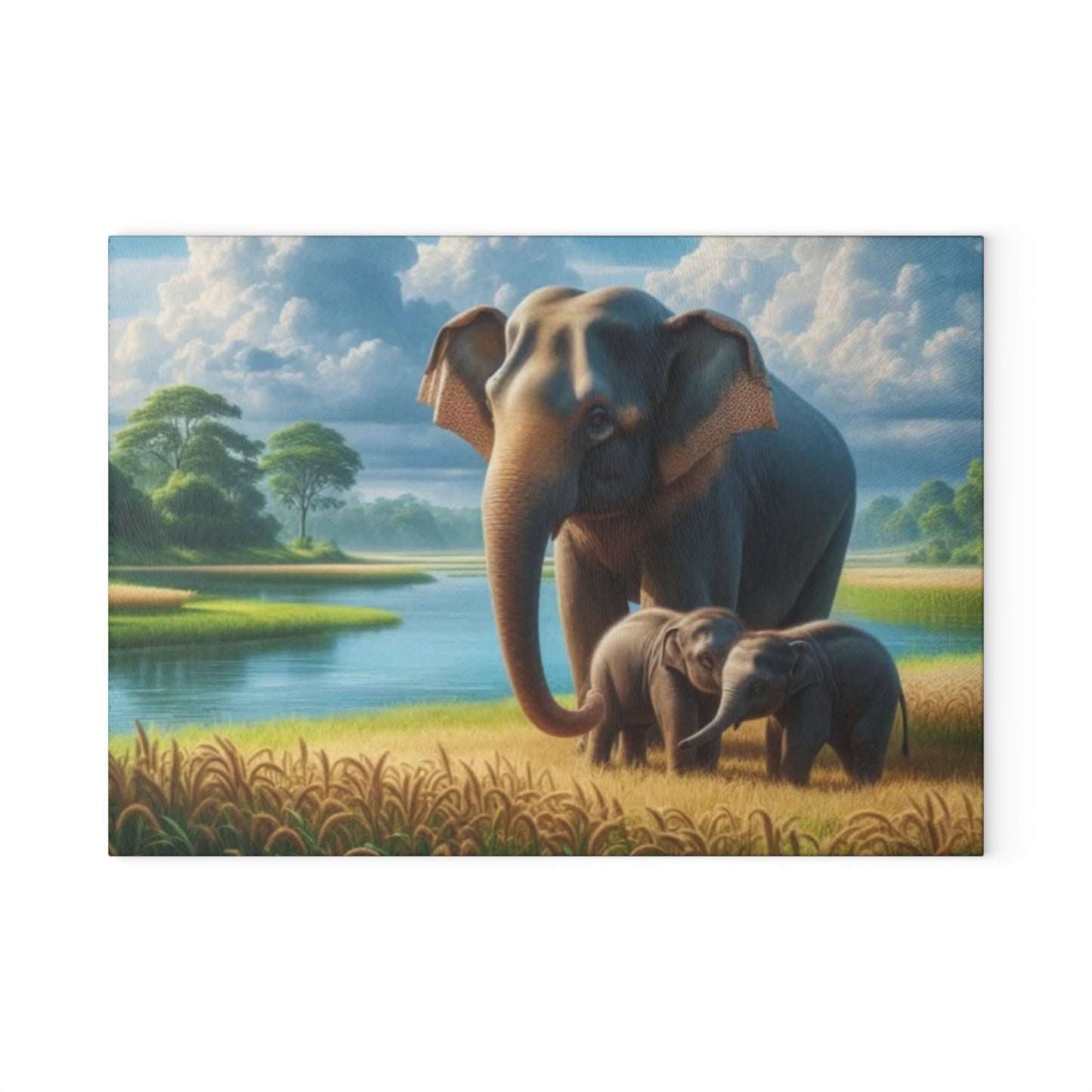 Mama Elephant and Babies Glass Cutting Board – Nature-Inspired Wildlife Kitchen Decor