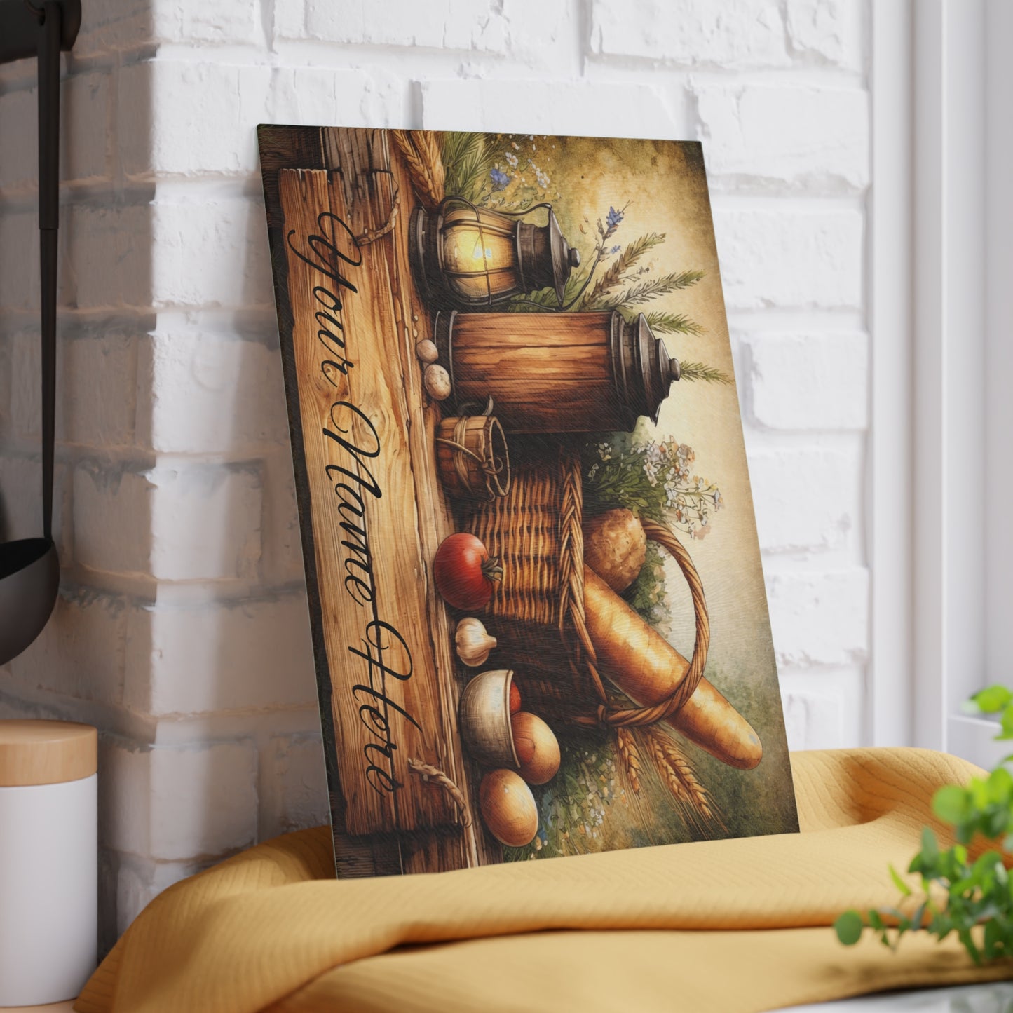 Rustic Farmhouse Breadbasket Personalized Glass Cutting Board – Custom Kitchen Name Display