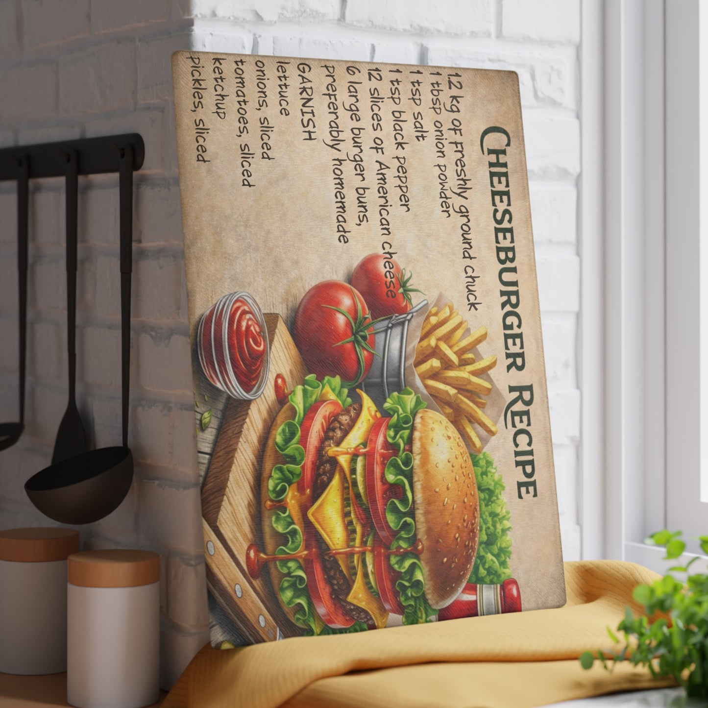 Cheeseburger Recipe Glass Cutting Board – Classic Burger Kitchen Art