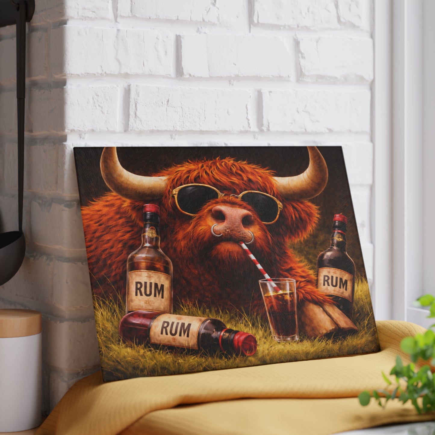 Sunglasses Highland Cow Glass Cutting Board – Bold Farm Bar Art with Playful Attitude