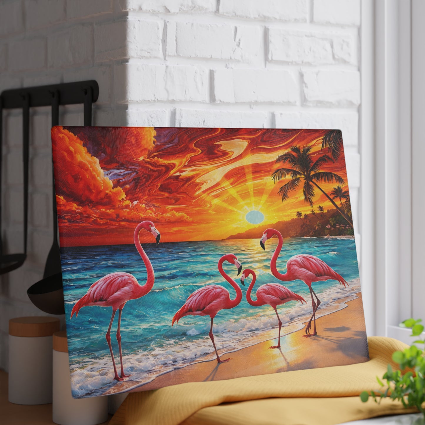 Vibrant Flamingo Sunset Glass Cutting Board – Tropical Coastal Kitchen Decor