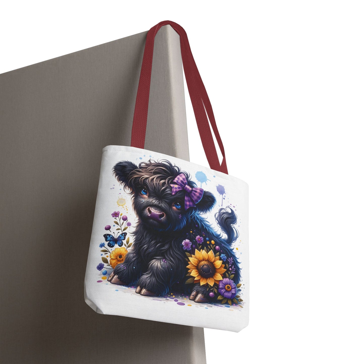 💜 Purple Bow Black Highland Calf Tote Bag – Country Charm with a Pop of Color 🐮👜