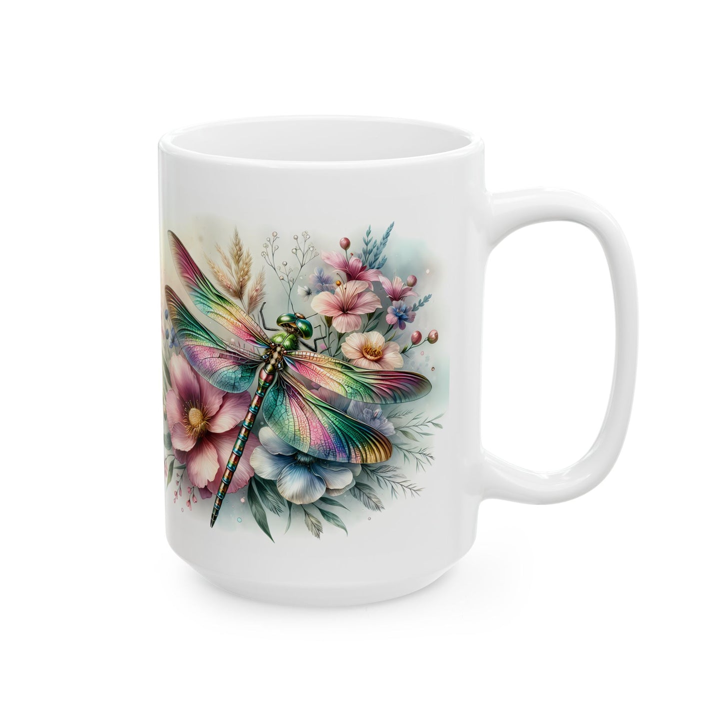 🌈 Magia del Jardín Arcoíris – Envoltorio para Taza de Café con Libélula Vibrante ☕