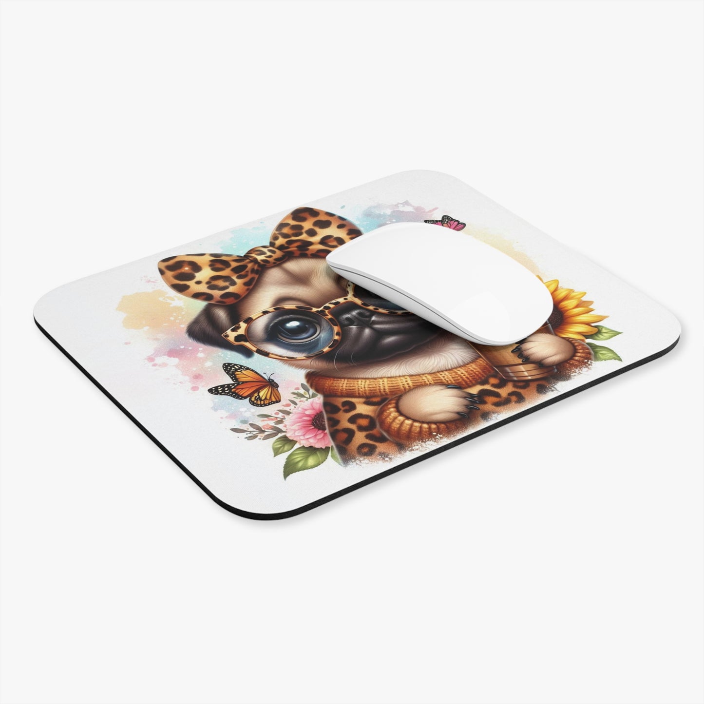 🖱️🐶🧋 Leopard Chic Pug Mouse Pad – Glasses, Bow & Iced Coffee