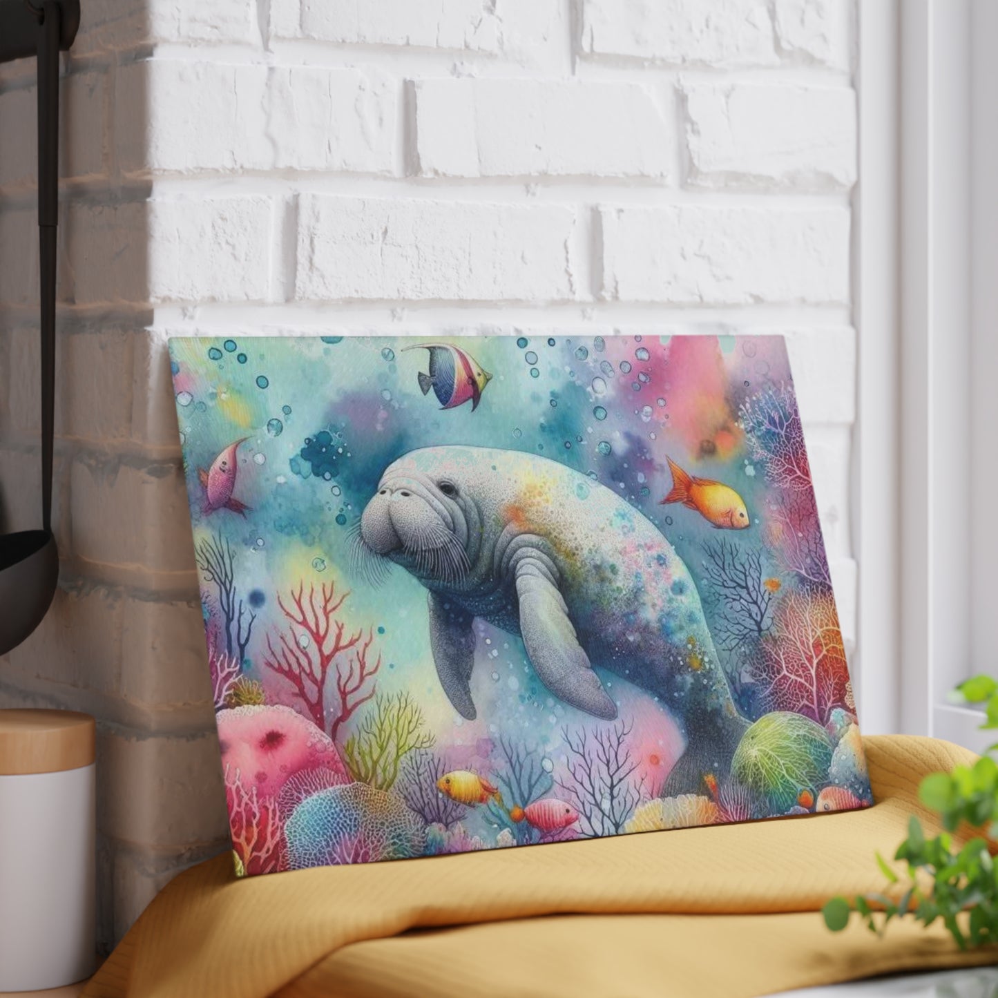 Tabla de cortar de manatí, vidrio texturizado, decoración de cocina de primavera de Florida, regalo para el hogar costero, inauguración de la casa en la playa, amante de los manatíes, arte marino, náutico