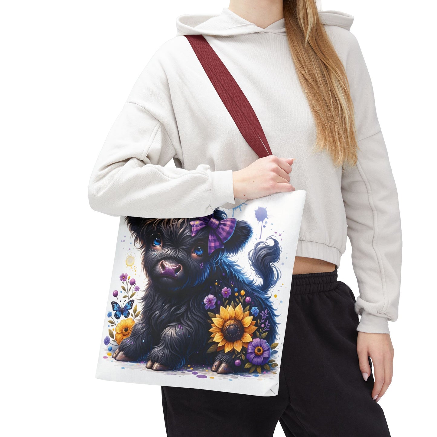 💜 Purple Bow Black Highland Calf Tote Bag – Country Charm with a Pop of Color 🐮👜