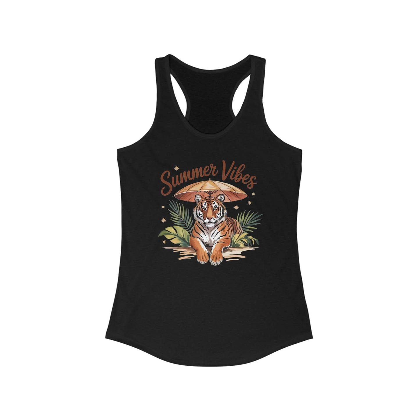 Camiseta de tirantes Summer Vibes Tiger con espalda nadadora – Diseño de palmeras de la selva con paraguas | 15 opciones de color