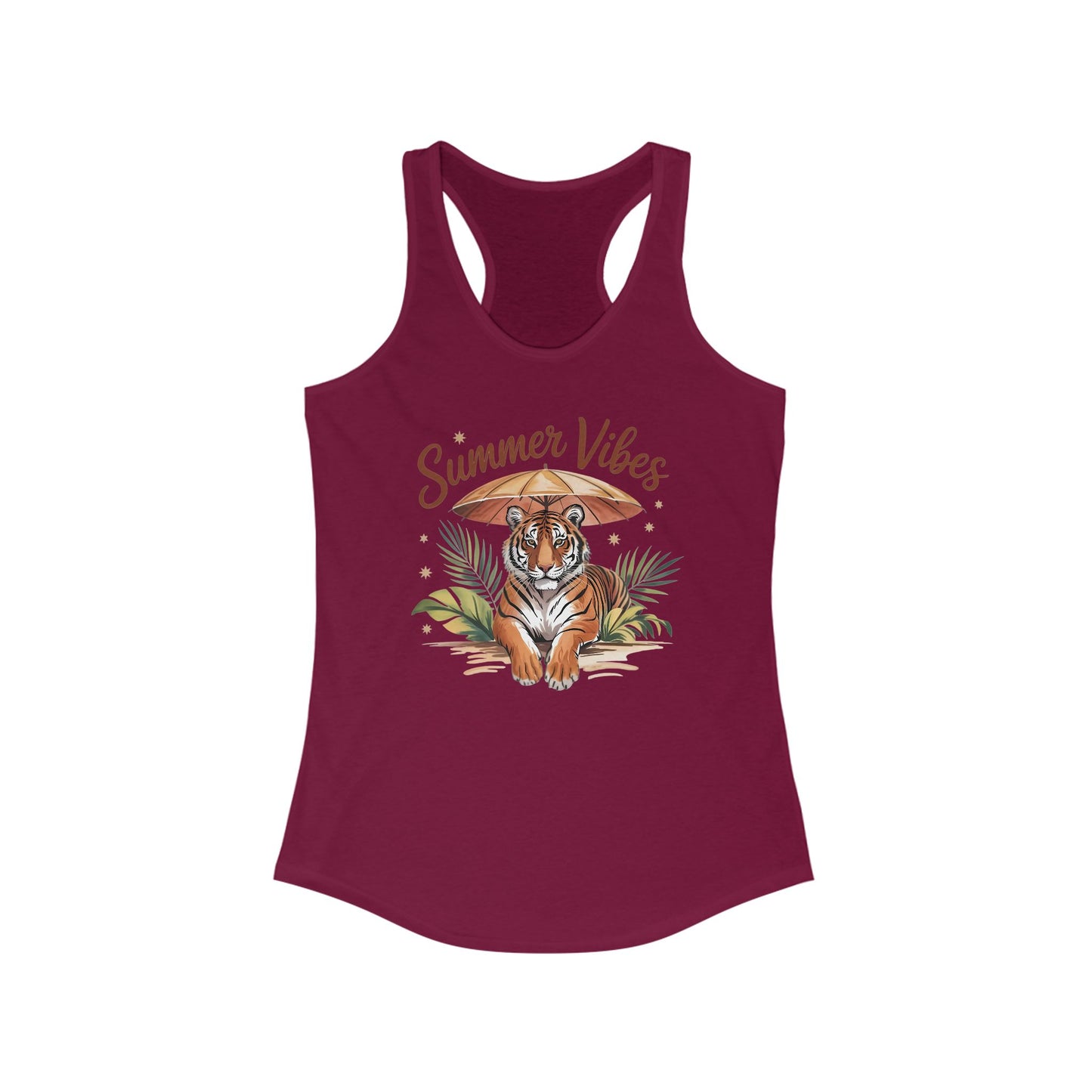 Camiseta de tirantes Summer Vibes Tiger con espalda nadadora – Diseño de palmeras de la selva con paraguas | 15 opciones de color