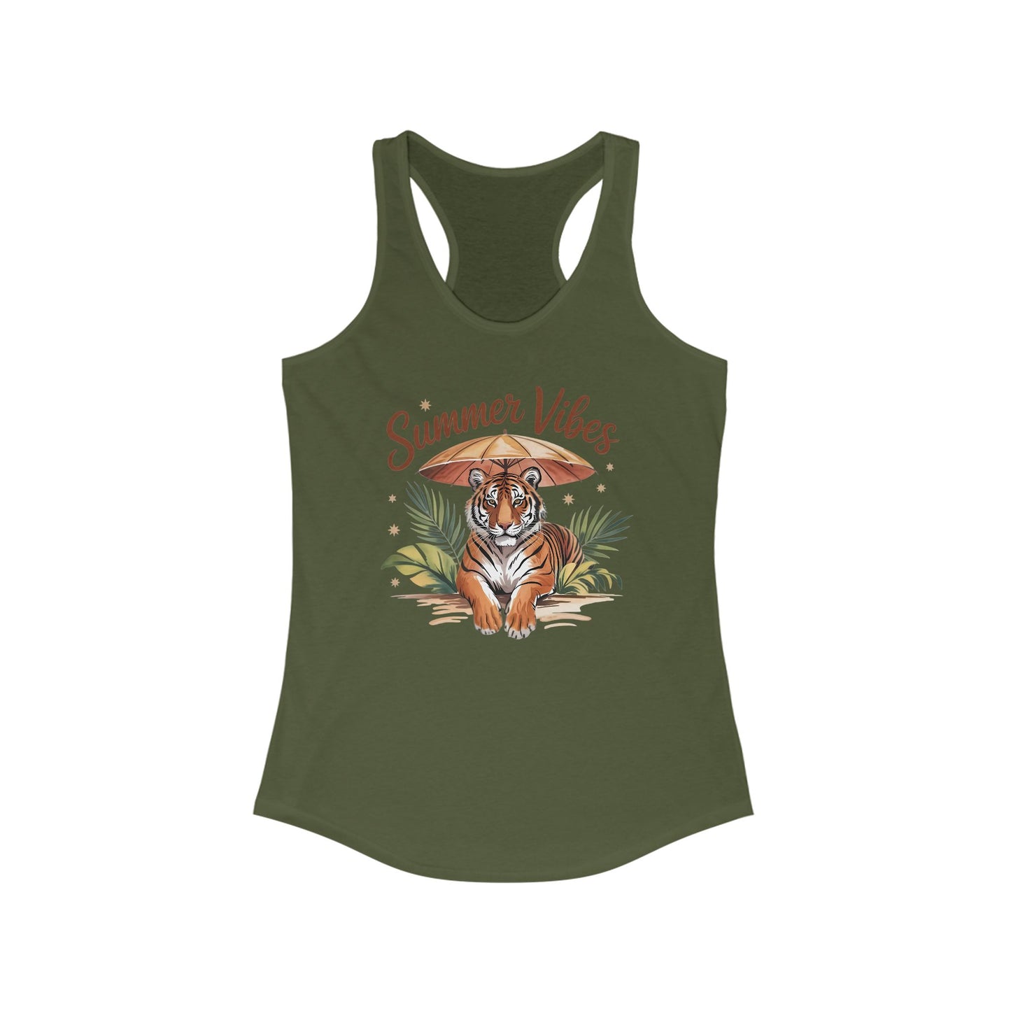 Camiseta de tirantes Summer Vibes Tiger con espalda nadadora – Diseño de palmeras de la selva con paraguas | 15 opciones de color