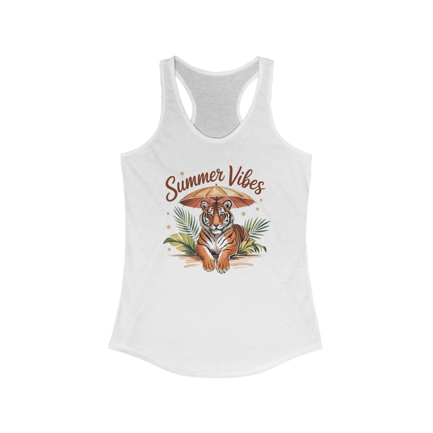 Camiseta de tirantes Summer Vibes Tiger con espalda nadadora – Diseño de palmeras de la selva con paraguas | 15 opciones de color