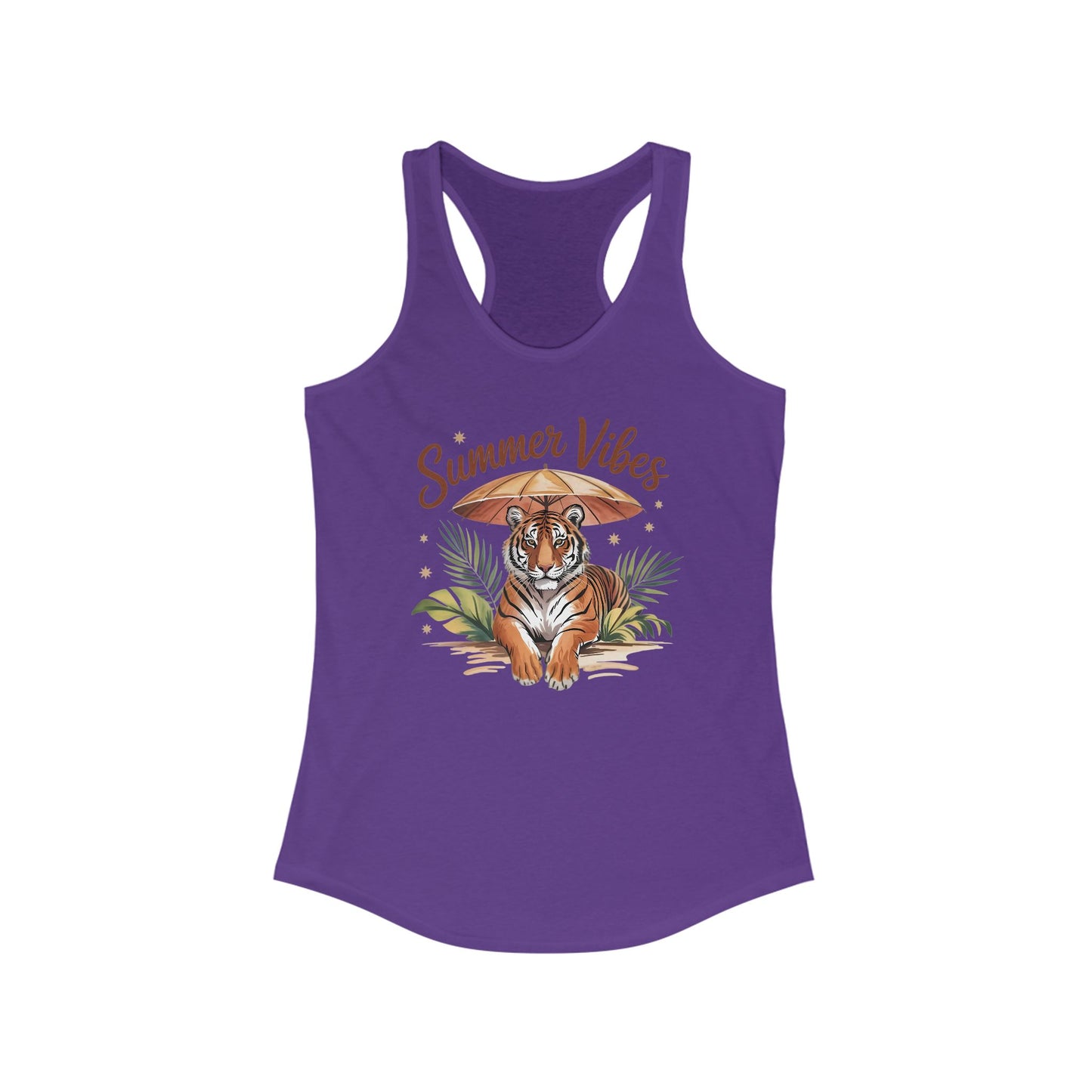 Camiseta de tirantes Summer Vibes Tiger con espalda nadadora – Diseño de palmeras de la selva con paraguas | 15 opciones de color